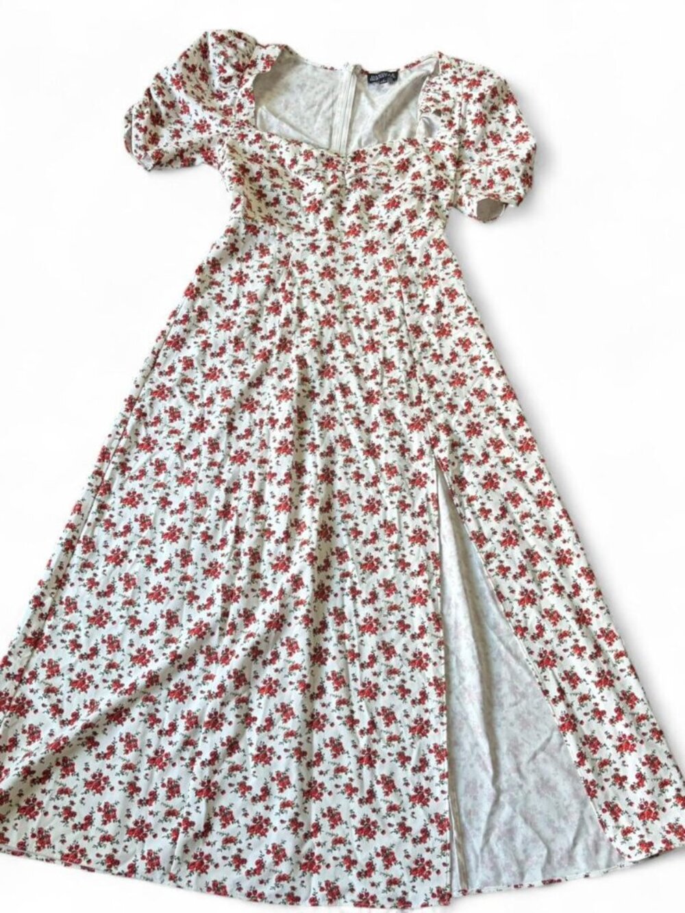 Danielle Bernstein white/red floral midi dress with puffy sleeves and zipper